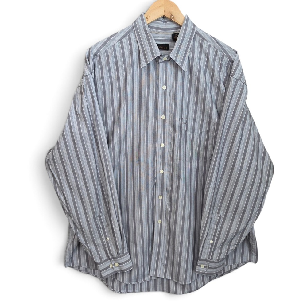 Van Heusen Dress Shirt Mens XL 17-17.5 Striped Gray Blue Long Sleeve 100% Cotton